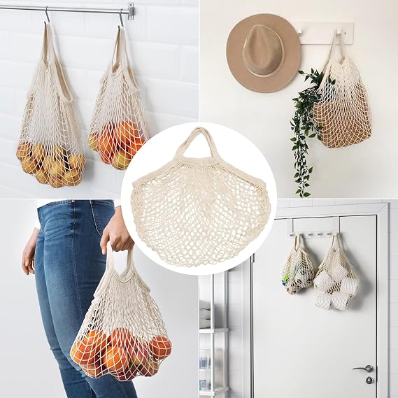 2 Pack Cotton Mesh Bags Reusable Washable Net Grocery Bags, Beige