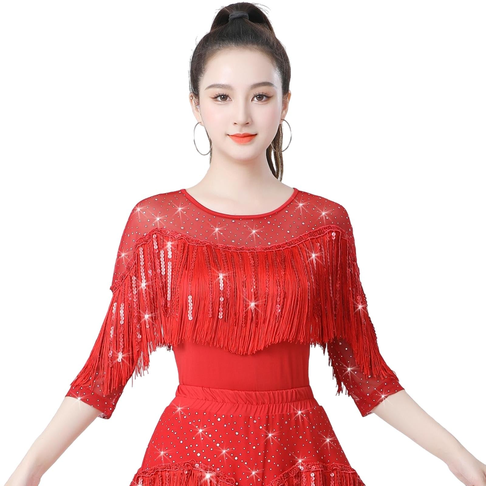 Top da donna per danza latina, danza da sala, abbigliamento da ballo moderno, Jitterbug con paillettes