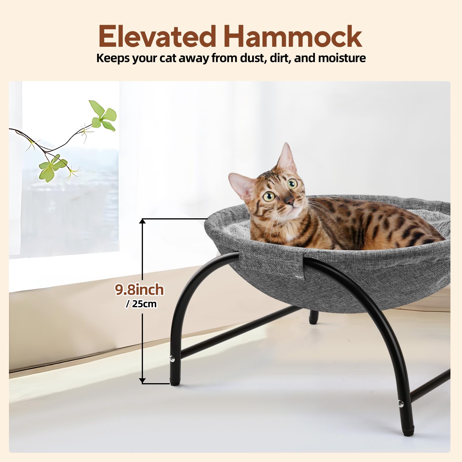 LIFLIX Elevated Cat Hammock Bed, Free-Standing Cat Cot with Removable Plush, Raised Stable Pet Bed (Grey) - Image 3