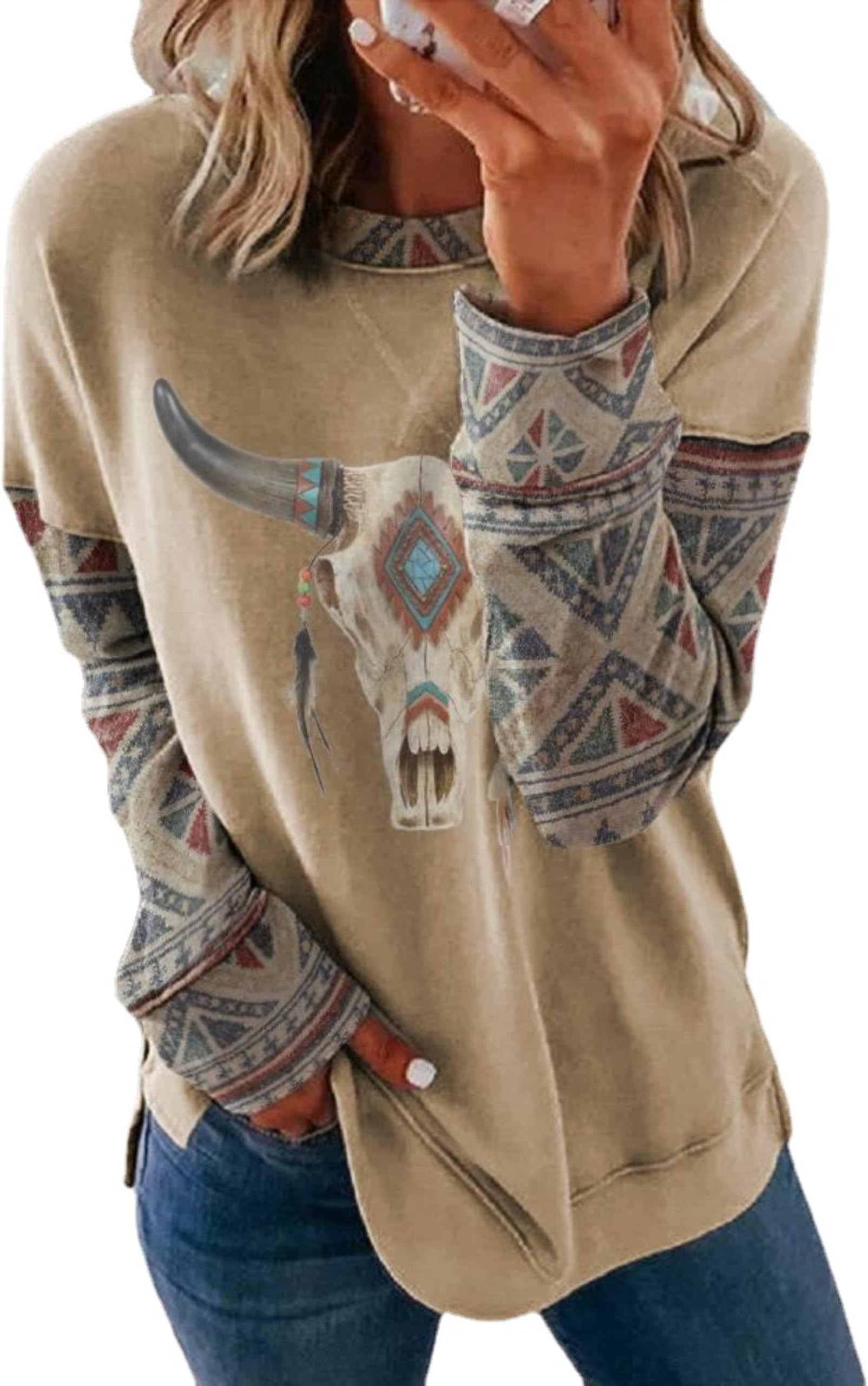 Women Aztec Shirts Vintage Geometric Print Crewneck Casual Long Sleeve Ethnic Western Graphic Loose Tee Top for Lady