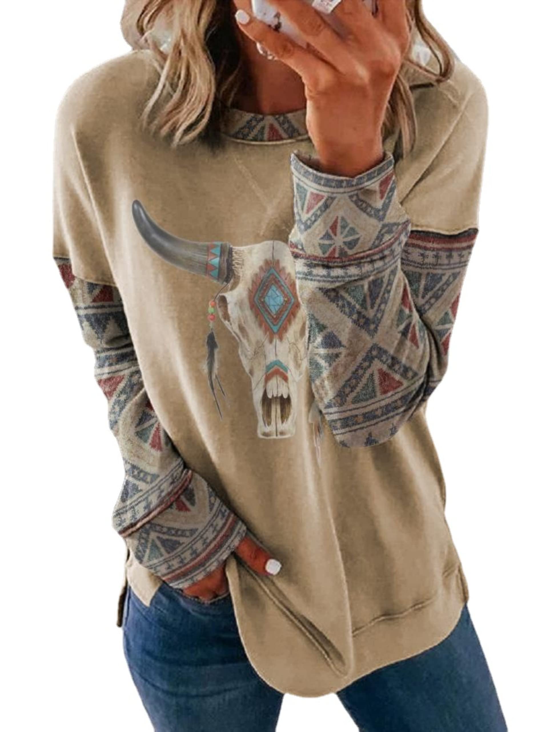 Women Aztec Shirts Vintage Geometric Print Crewneck Casual Long Sleeve Ethnic Western Graphic Loose Tee Top for Lady