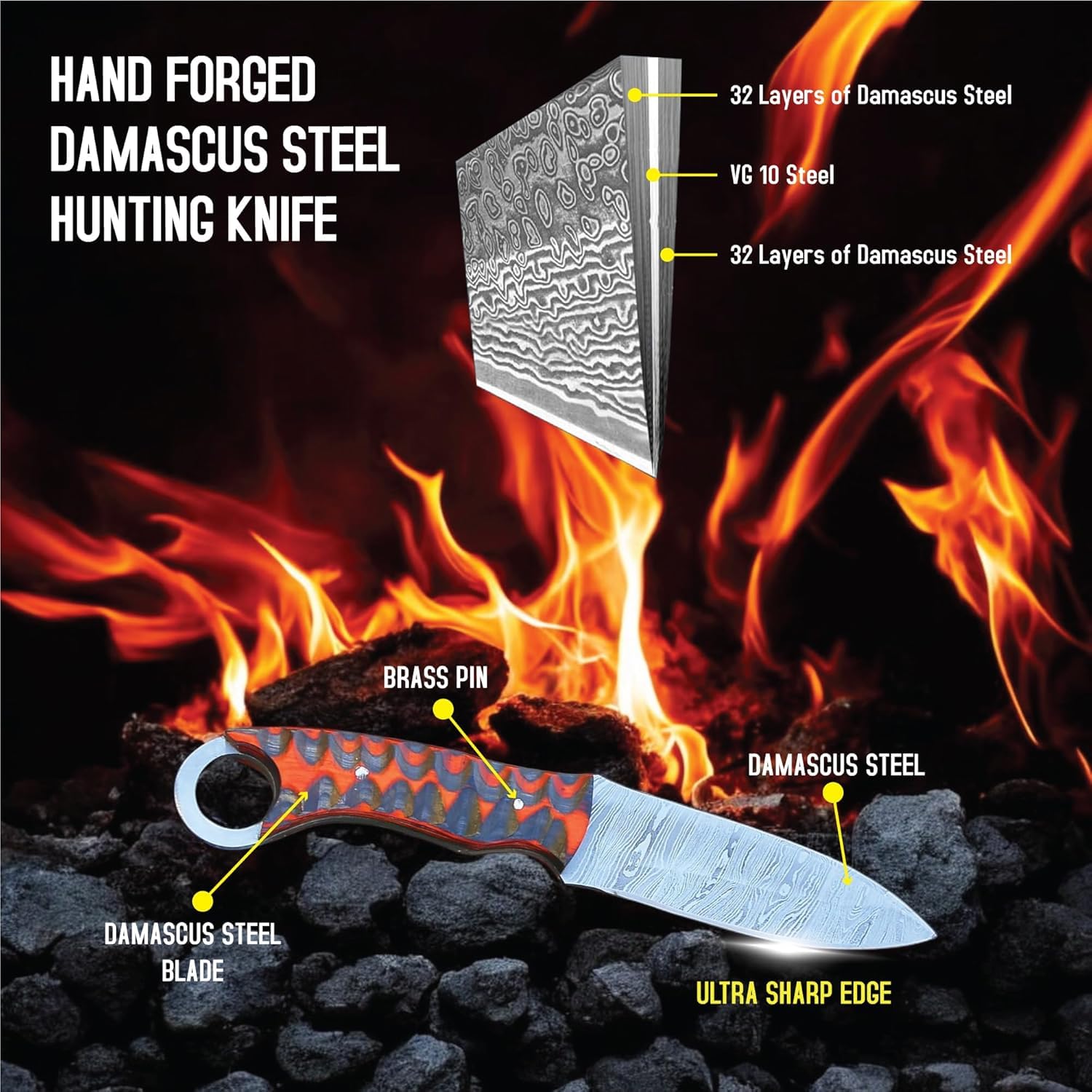 Handgeschmiedetes Jagdmesser mit Lederscheide – Bushcraft Messer mit feststehender Klinge & ergonomischem Rosenholzgriff – Outdoor Survival Scout Messer