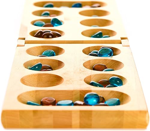 Miniatura 3 de Family Traditions Mancala - Juego de mesa para 2 jugadores, divertido juego de mesa clásico con tablero de madera y bolsillos profundos para gemas