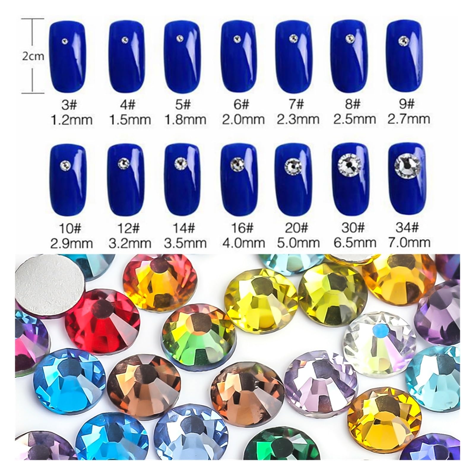 Decorazioni per unghie con strass che non si fissano con Calore(Blue,2,1 mm)