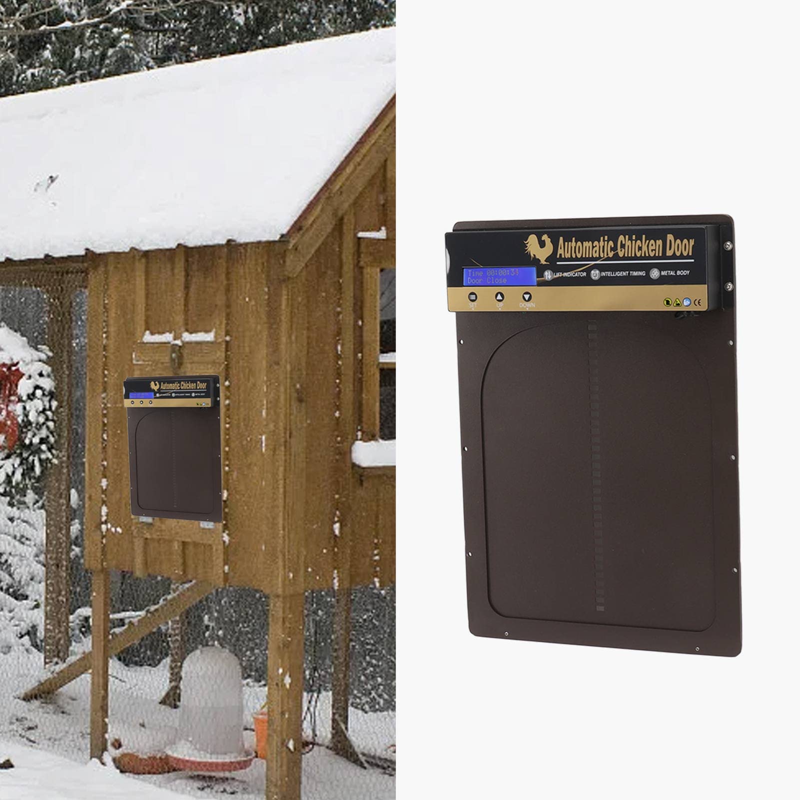 Porta Automatica per pollaio con Timer, Lega di Alluminio, LED, Display HD, Porta Automatica per polli alimentata a Batteria, per Fattoria (Marrone)