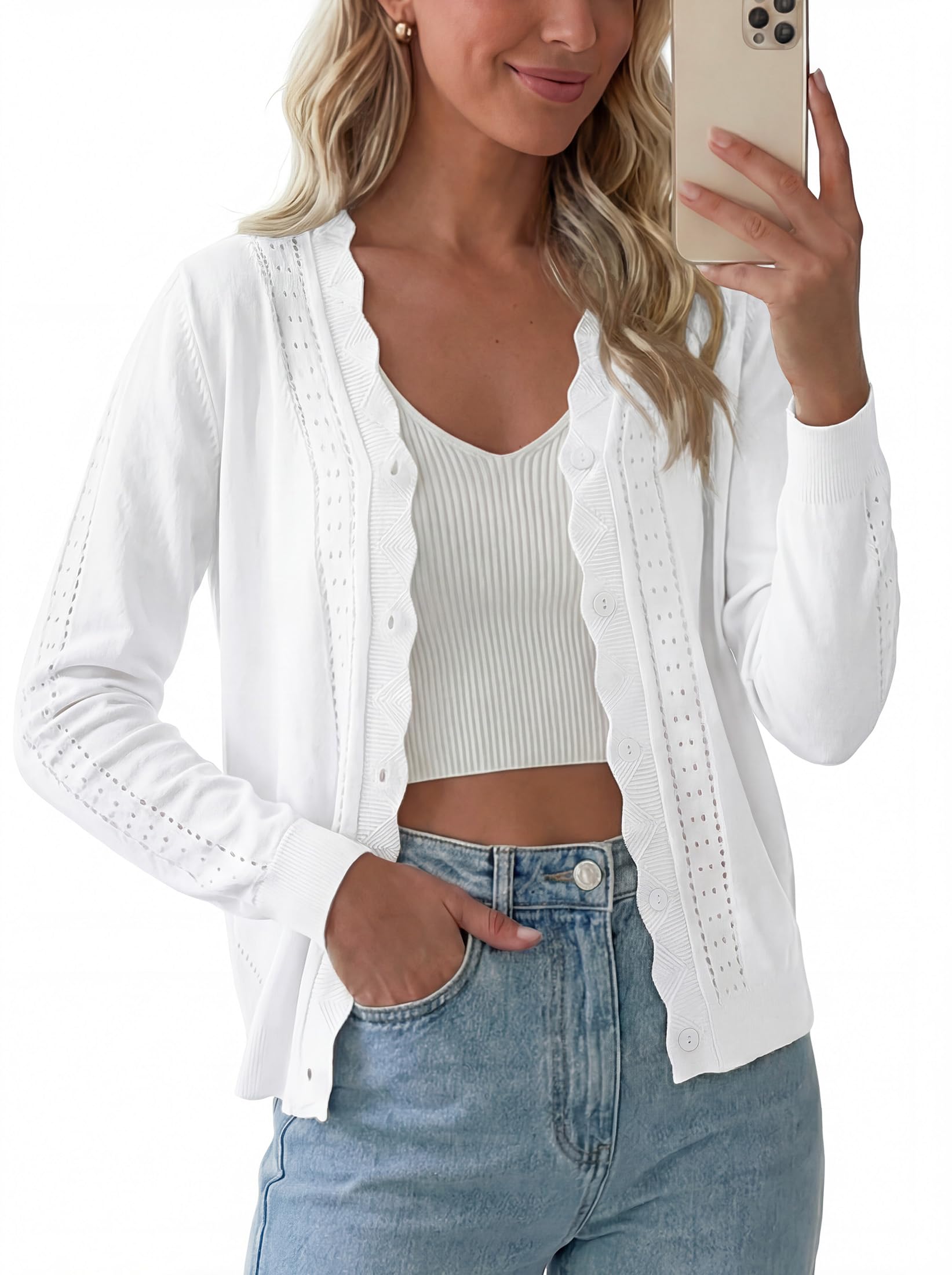 PrinStory Womens Cardigan Sweaters Long Sleeve Casual Button Down V-Neck Open Front Hollow Lightweight Knit Clothes 2026