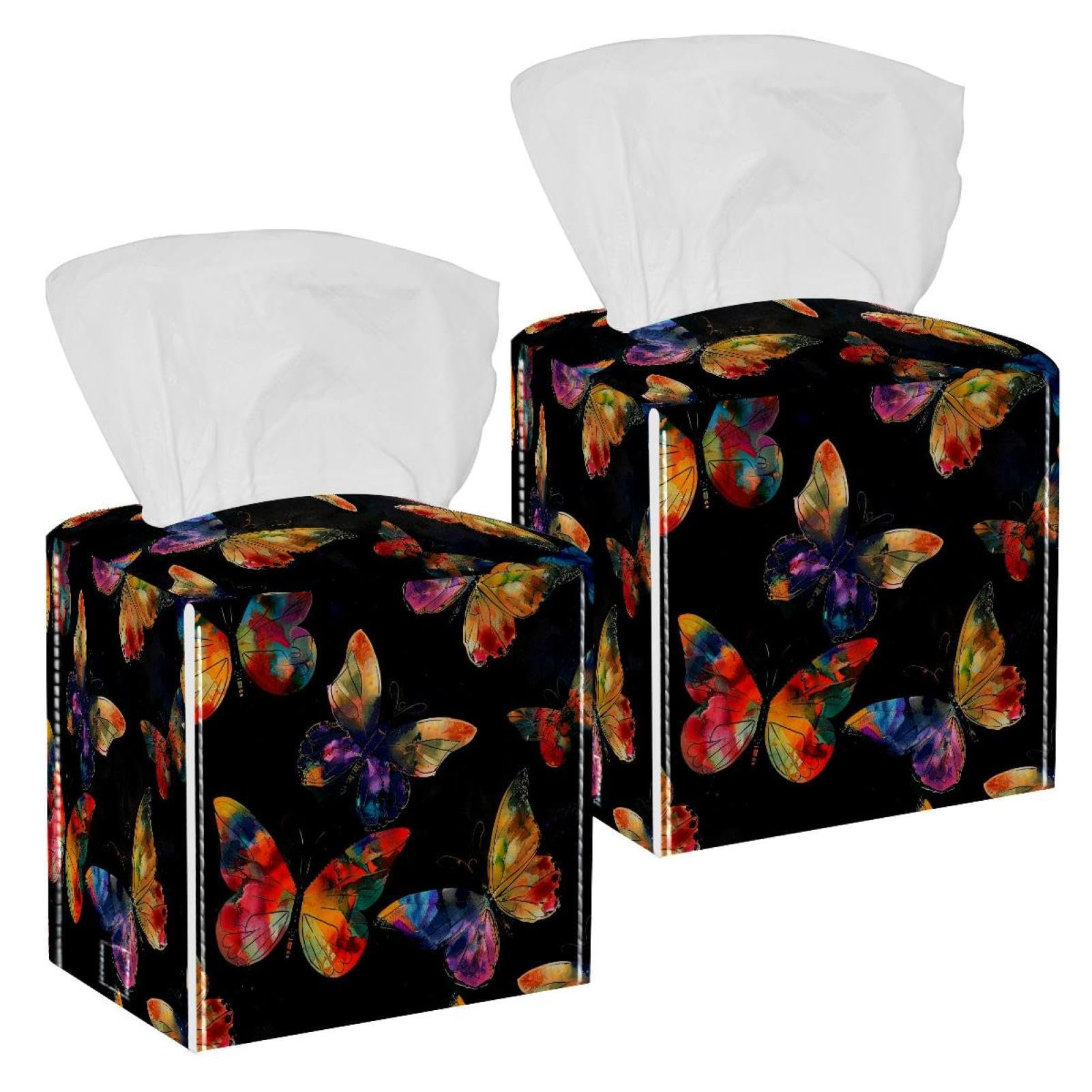 Watercolor Butterflies Tissue Box Cover, 2 Pack PU Leather Square Facial Tissue Dispenser Box holder for Home Office Car