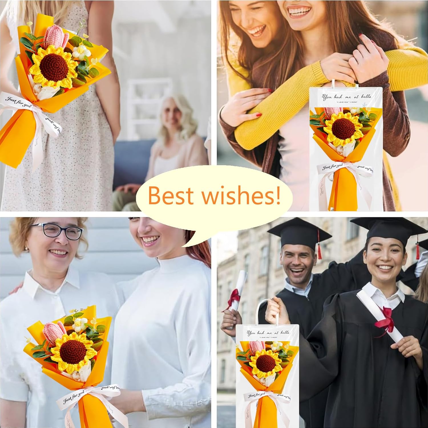 Crochet Flowers Bouquet, Knitted Sunflower for Mothers' Day, Handmade Artificial Flowers Bouquet Home Decor Gift for Women Father Christmas, Birthday Wedding Teacher’s Day Graduation