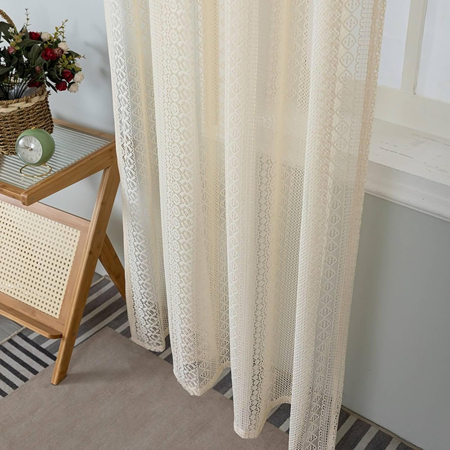 Daesar Window Curtains 2 Panel Sets 84 Inch Length, Rod Pocket Sheer Curtains Hollow Lace Geometric Striped Pattern Voile Curtains for Living Room Kitcken Window Treatment, 38x84 Inch Beige