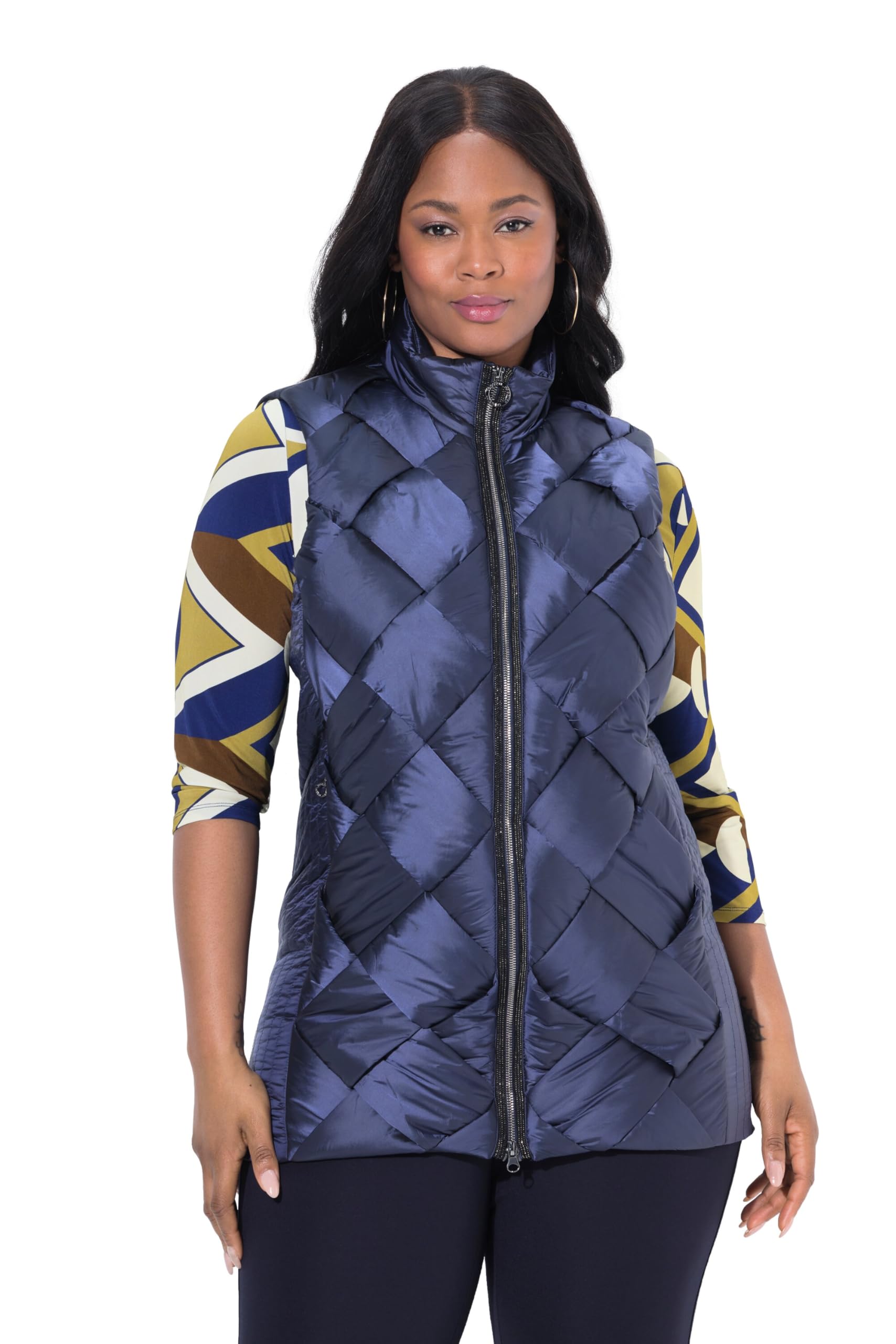 Ulla Popken Damen große Größen Übergrößen Plus Size Long-Steppweste, Stehkragen, Two-Tone-Stepp, ärmellos 841011