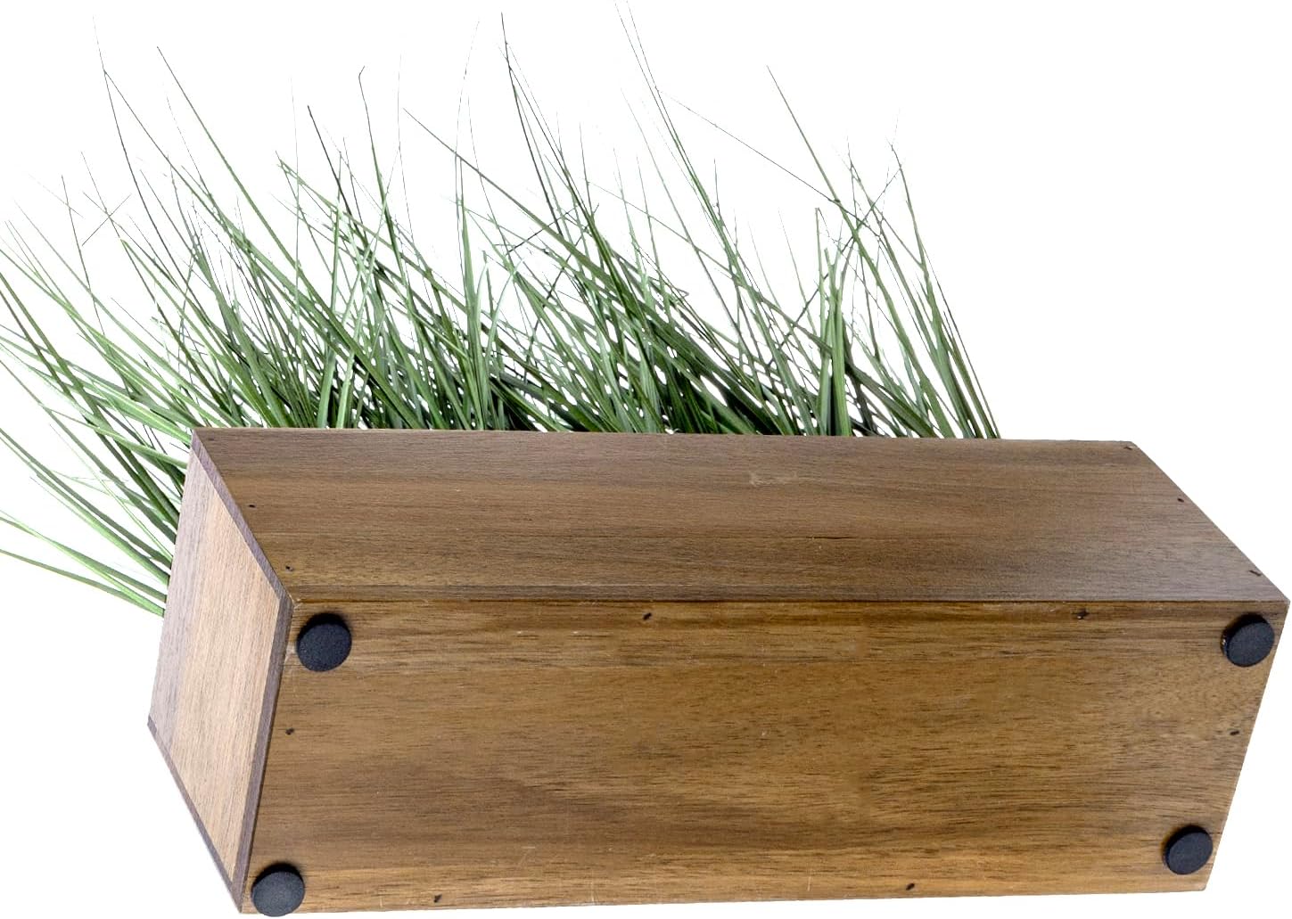 MyGift Artificial Grass Plants in Premium Acacia Solid Wood Planter Box, 12 Inch Decorative Wooden Container with Faux Greenery Plant, Indoor Table Decor