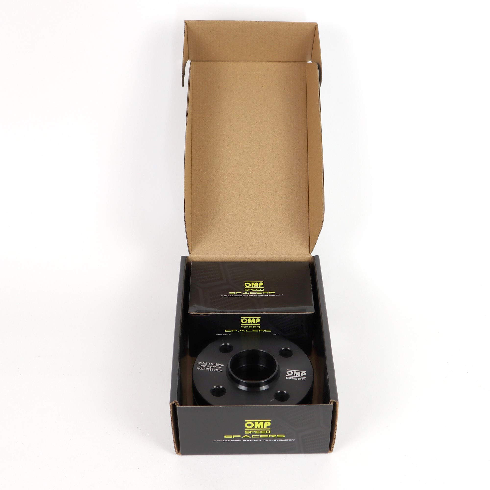 OMP Speed Satz von 2 Spurverbreiterungen Doppelzentriert Stärke: 20mm PCD: 4x100 CB: 57.1 OD: 139 Schrauben x8 M12x1.5 Kegel Schwarz Aluminium - OMPS08112001