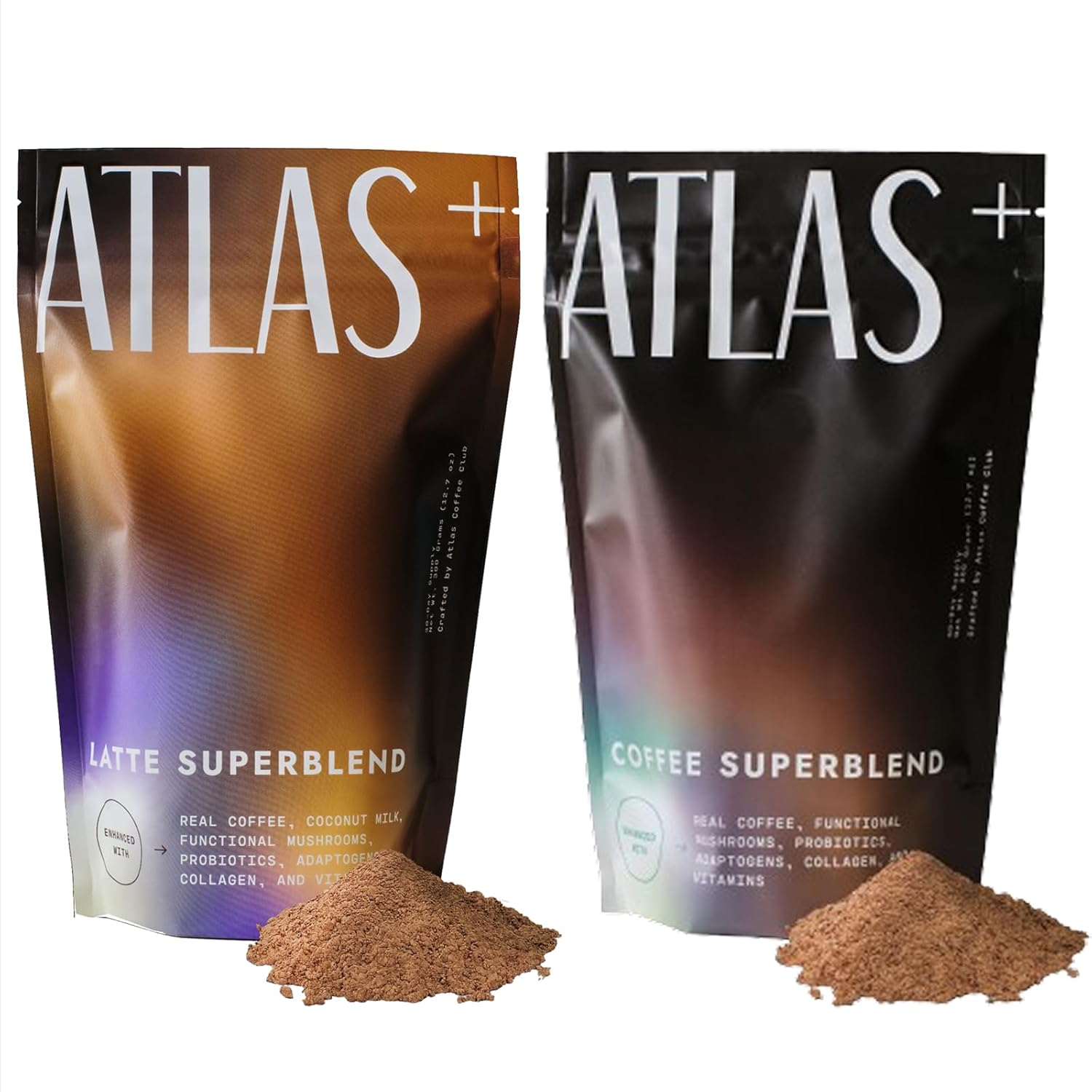 Atlas+ Mushroom Coffee & Latte Superblend Duo Pack– Premium Instant Coffee with Collagen, Probiotics, D3 & B12, Lion’s Mane, Reishi, Cordyceps for Energy, Focus, Gut Health– 48 Servings (2 Bags)