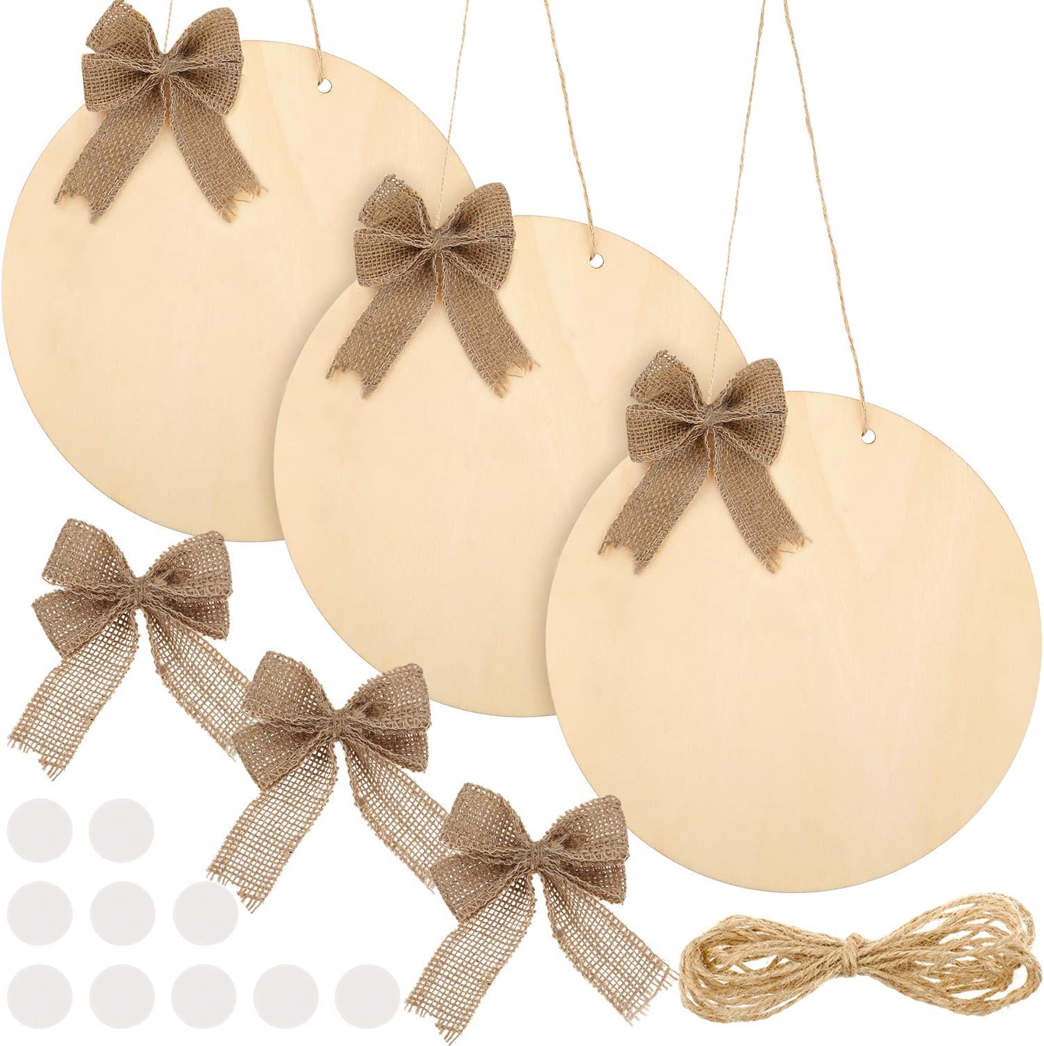 Christmas Wooden Circle Sign Blank Wood Slices for Crafts Front Door Decor, Unfinished Round Wood Hanging Sign with Twine and Decoration Bow, Transparent Tape for Christmas Decor (17 Pieces)