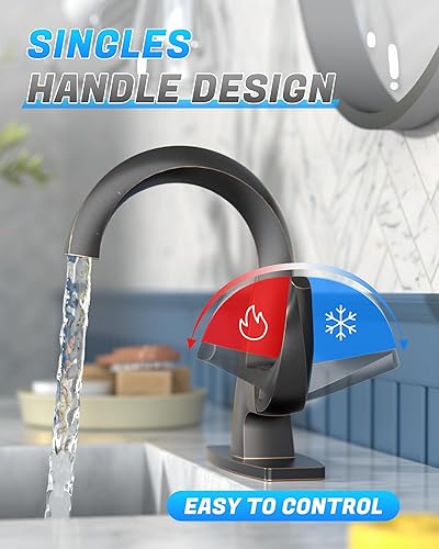 Miniatura 5 de WOWOW Grifo de baño de una sola manija de 1 agujero de arco alto para lavabo de baño aceitado con drenaje desplegable, grifo de lavabo de baño