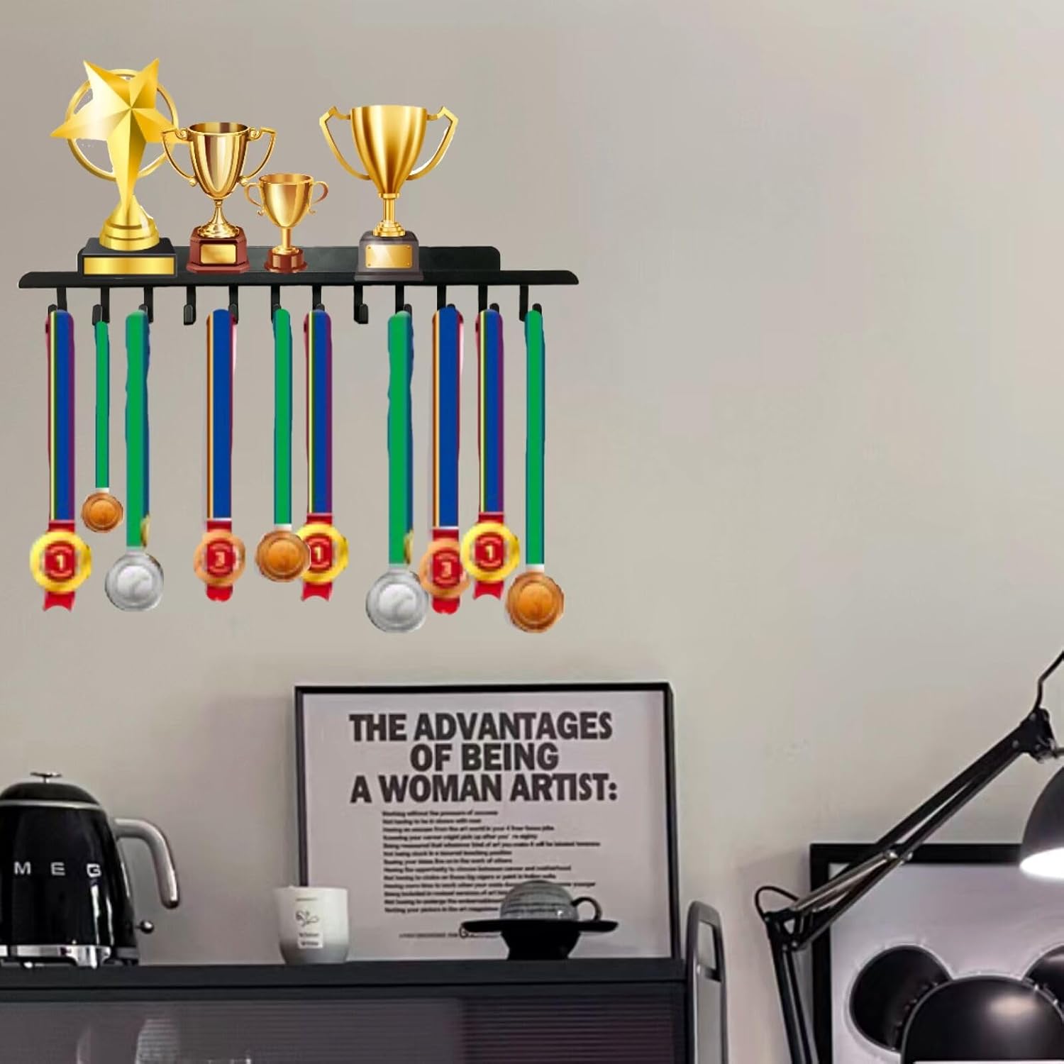 Medal Hanger Display Trophy Shelf with 12 Hooks for Wall