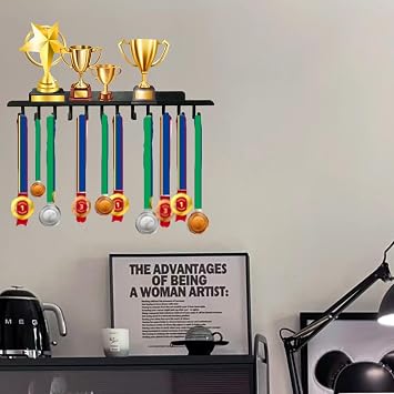 Medal Hanger Display Trophy Shelf with 12 Hooks for Wall | Race Medal Display for Gymnastics, Race, Soccer, Swim