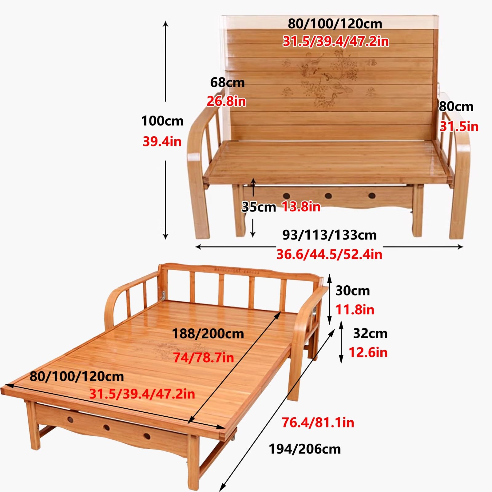 Gästebett Klappbar Ohne Matratze Geschwungene Armlehnen Mehrbeinstütze mit Seilzügen Recamiere mit Schlaffunktion Holzmaterial Tragkraft 230 Kg Geeignet für Gäste, Zum Lernen und Spielen(200*80*32cm)