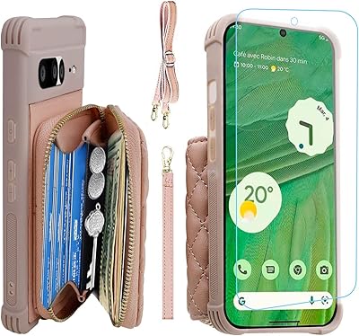 MONASAY Zipper Wallet Case for Google Pixel 7 Pro,[Glass Screen Protector ][RFID Blocking] Flip Leather Handbag Phone Cover with Card Holder&Detachable Crossbody Shoulder Lanyard Strap, Rosegold