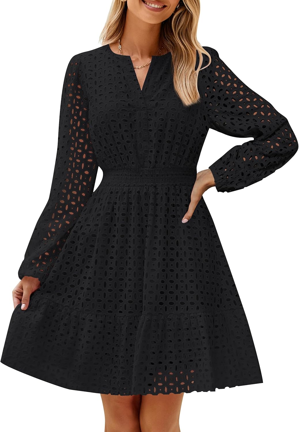 ZESICA Women’s 2025 Long Sleeve Mini Dress Fall V Neck Hollow Out Eyelet Embroidery Ruffle A Line Swing Short Dresses