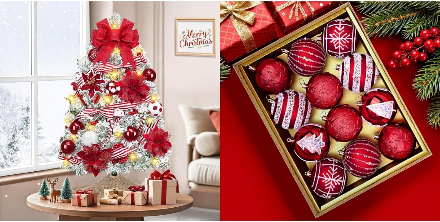 Uspring Small Flocked Christmas Tree & 12 Pcs Red and White Christmas Ball Ornaments