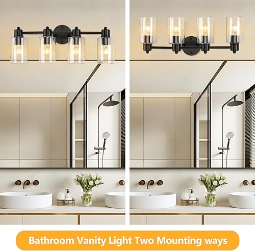 Miniatura 6 de 4 luces de tocador, aplique de pared negro con vidrio transparente, accesorios de luz de baño sobre espejo, lámpara de pared para sala de estar,