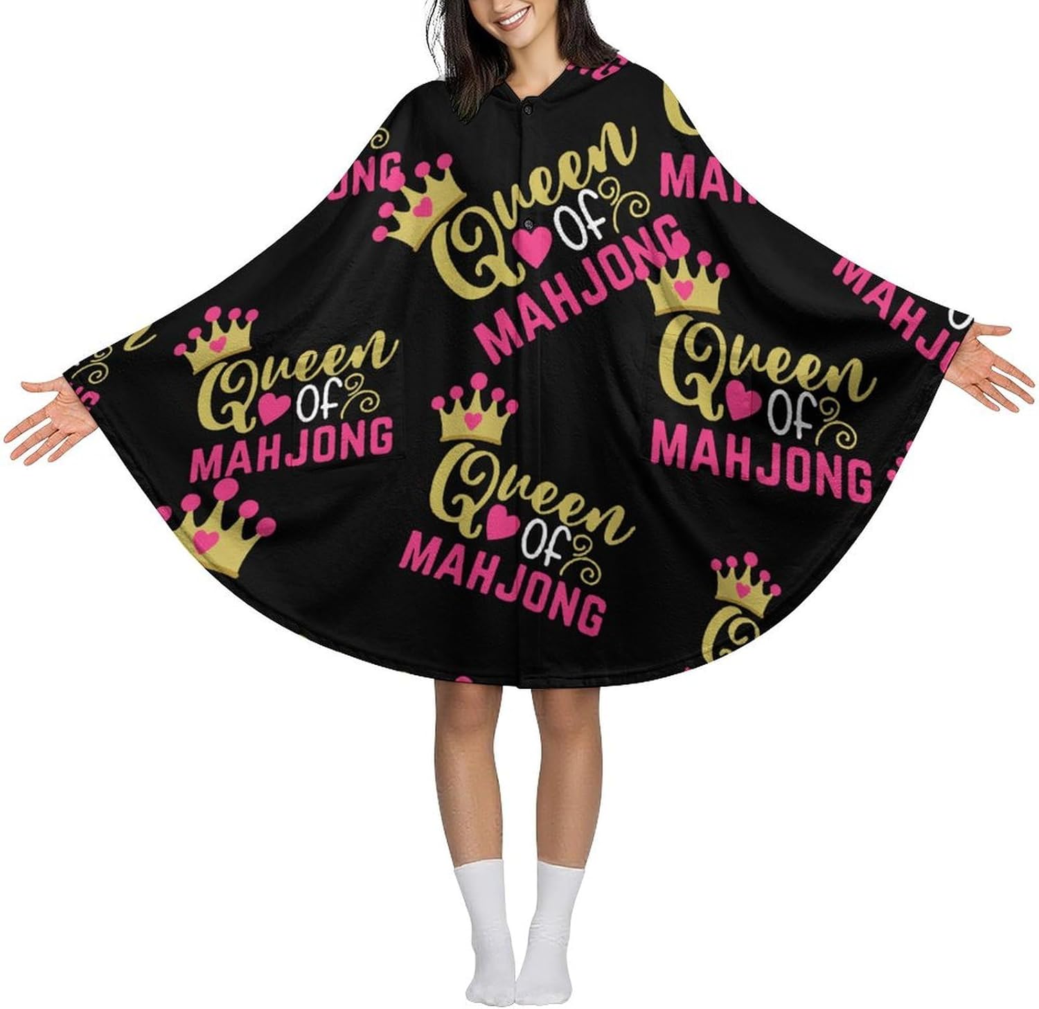 Mahjong Queen Wearable Blanket with Hooded Flannel Blankets Cape with Pocket