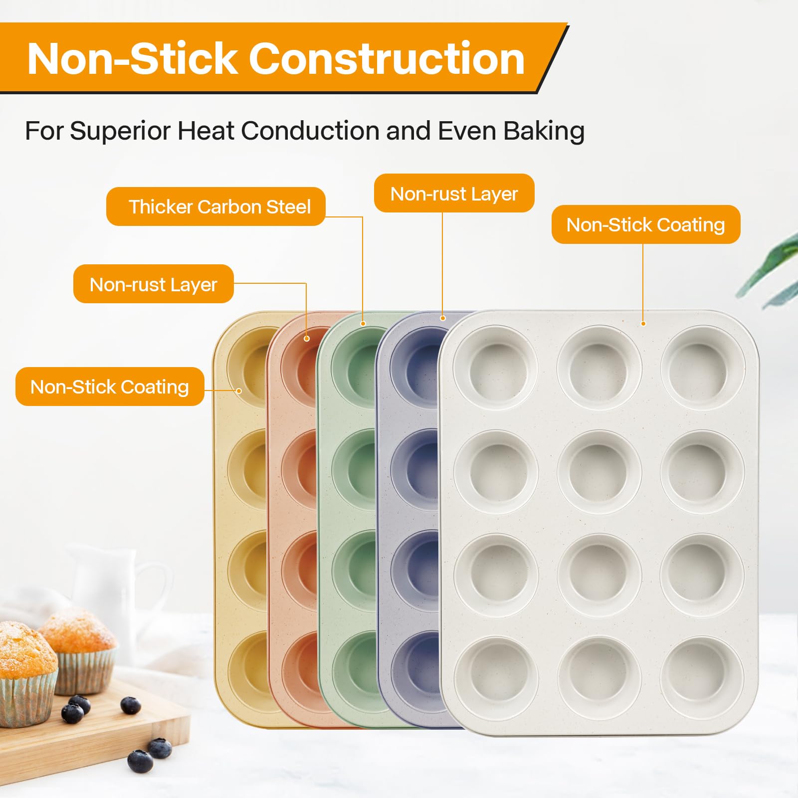 Paquete de 2 moldes para magdalenas para hornear saludables, molde antiadherente para magdalenas de 12 tazas, duradero y fácil de limpiar, perfecto para cupcakes, magdalenas (beige) 4