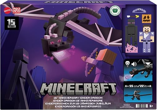 Minecraft Ender Dragon Action Figures Set, Lights, Sounds & Mist with Steve & Enderman 3.25-in Scale Figures, HTN25