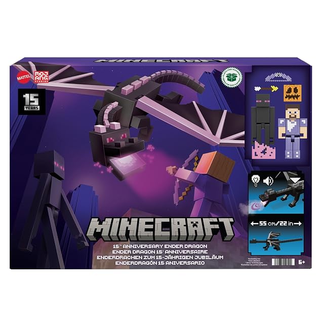 Foto 6 de 6 de Mattel Minecraft Enderdragón Conjunto de figuras de acción con luces, sonidos y aliento de dragón con figuras…