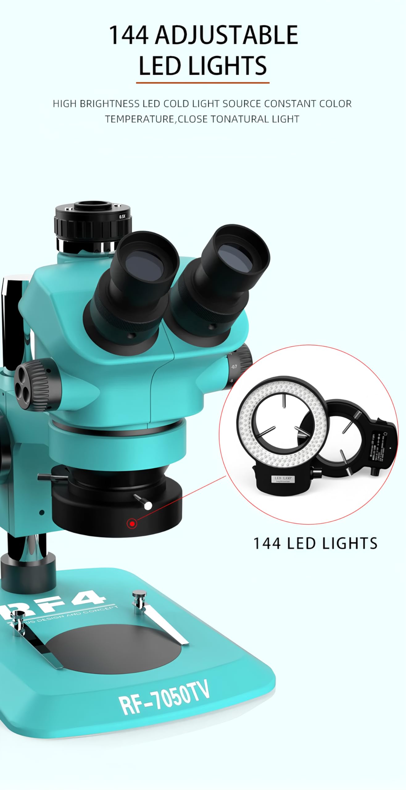 Cabeza trinocular de microscopio con Zoom Continuo WF10X/22mm y Enfoque simultáneo 7-50X, para Soldadura de PCB y teléfonos (RF-7-50X 0.5CTV LED)
