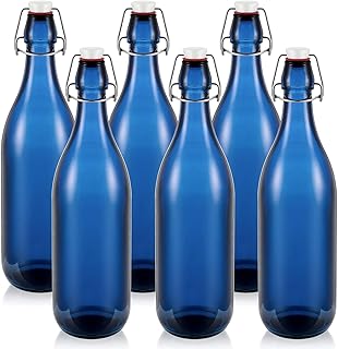 6 Pcs Blue Glass Bottles 1 L/ 33.75 oz Decorative Wine Bottles Flip Top Glass Water Bottle with Airtight Lid for Home Decor Garden Tree Yard Outdoor Decorations