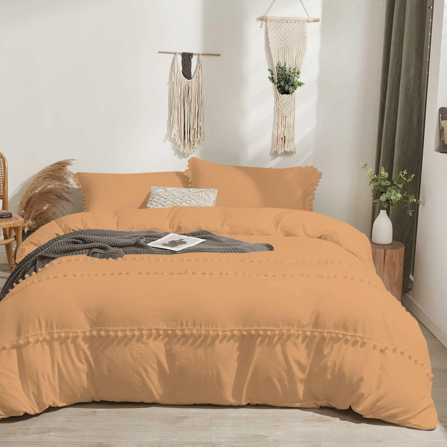 Tony's Textiles 3 Piece Boho Chic Pom Pom Comforter, All Season Down Alternative Bedding Comforter with 2 Pillow Shams (Super King Size, Sand) 1000 Thread Count | 550 GSM Filling