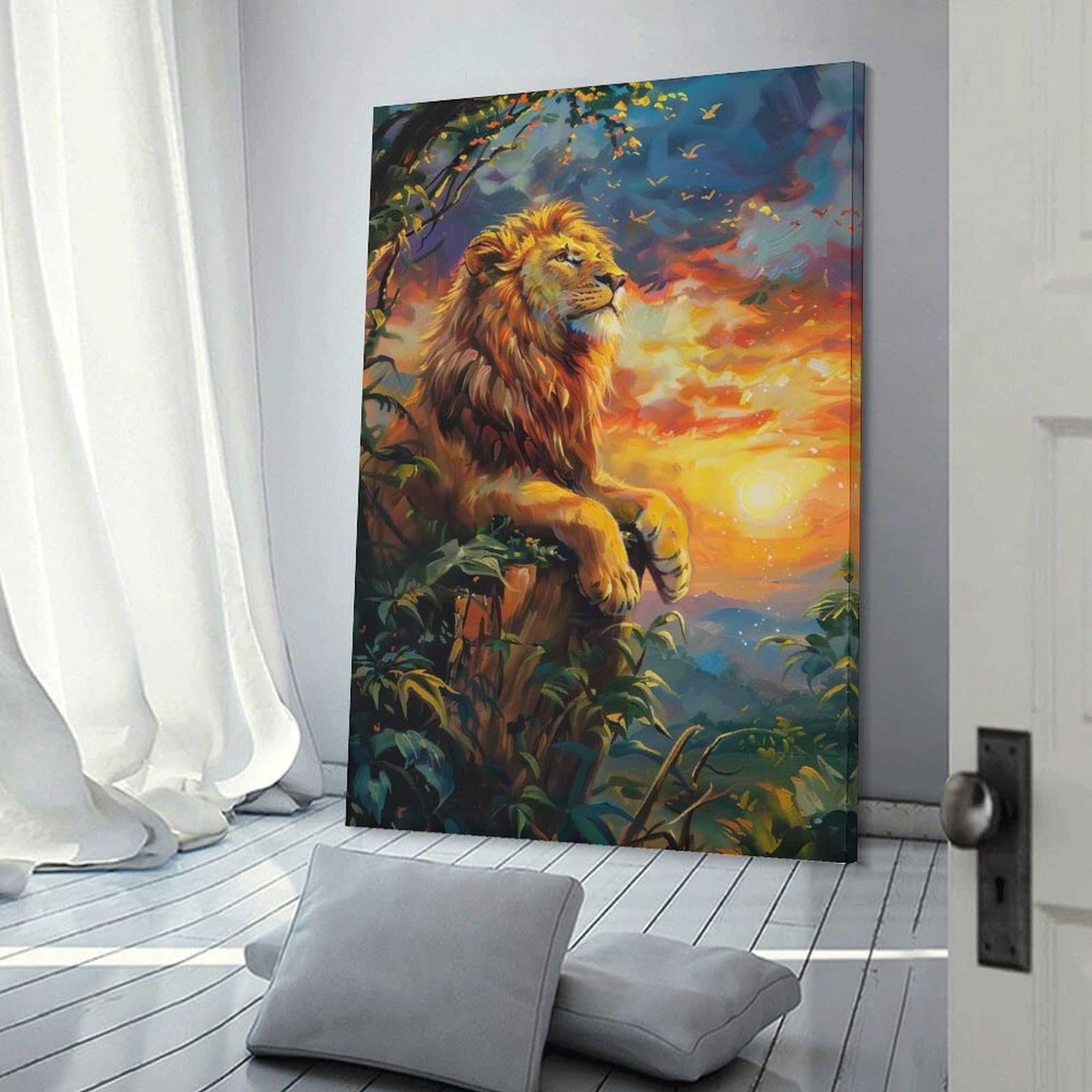 Junmoney Frame-Style-11 Lion At Sunset Painting Canvas Wall Decor, 20X30inch(50X75cm), For Wall Displays, Bedrooms Or Room Updates, Wall Decor Suited To Curated Displays