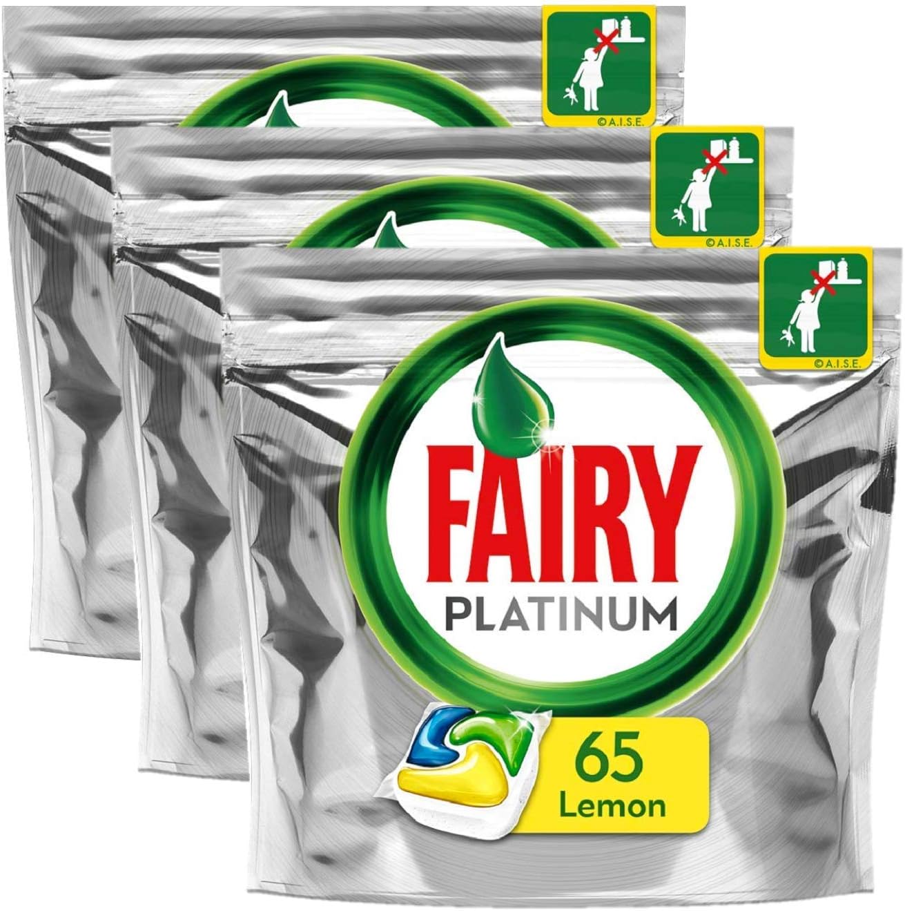 3 Packs Fairy Platinum Dishwasher Capsules Lemon 65 Per Pack (195