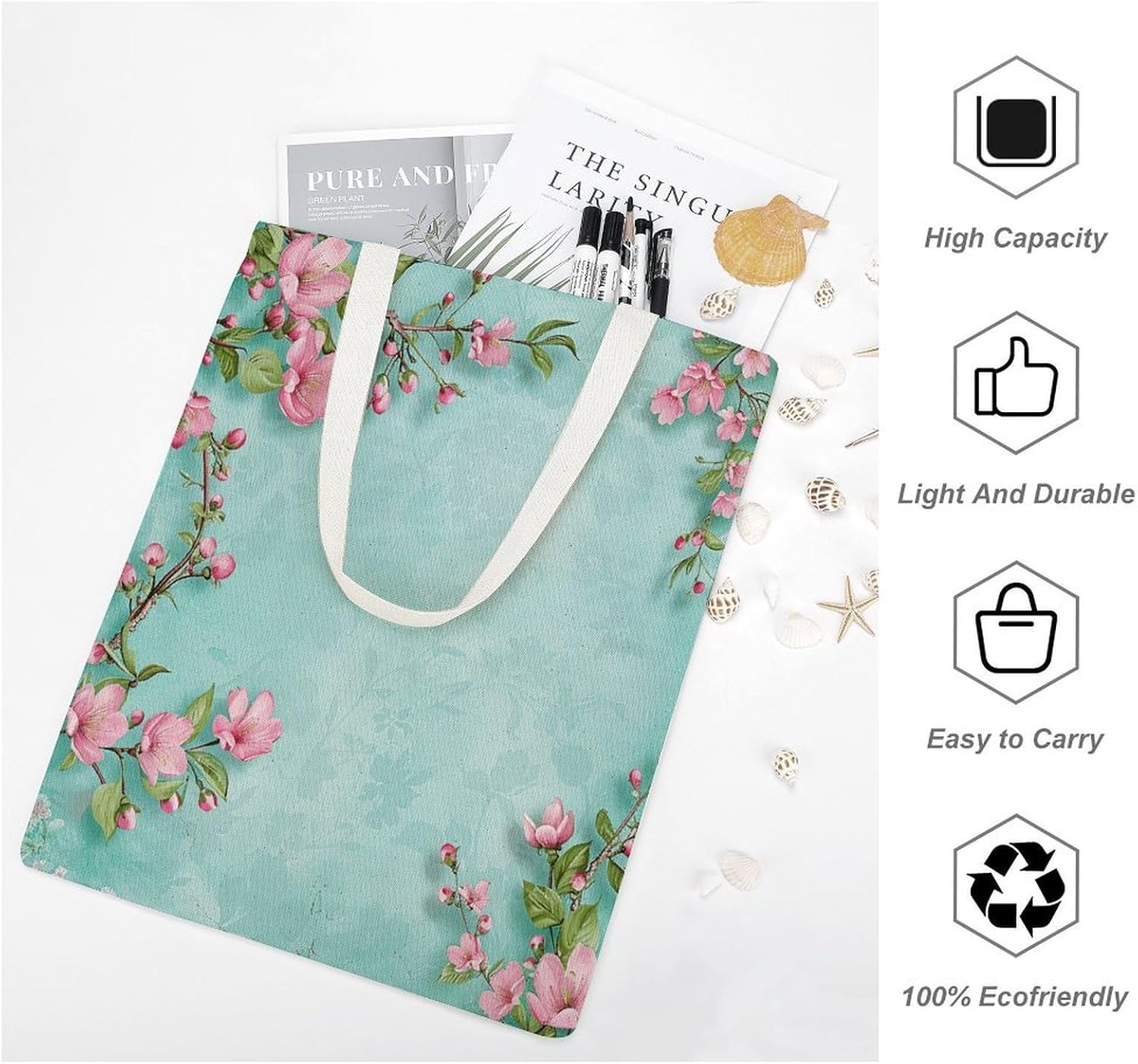 Light Blue Style Flowers Canvas Tote Bag Reusable Grocery Bags Foldable Soft Cotton Shoulder Carry Bag