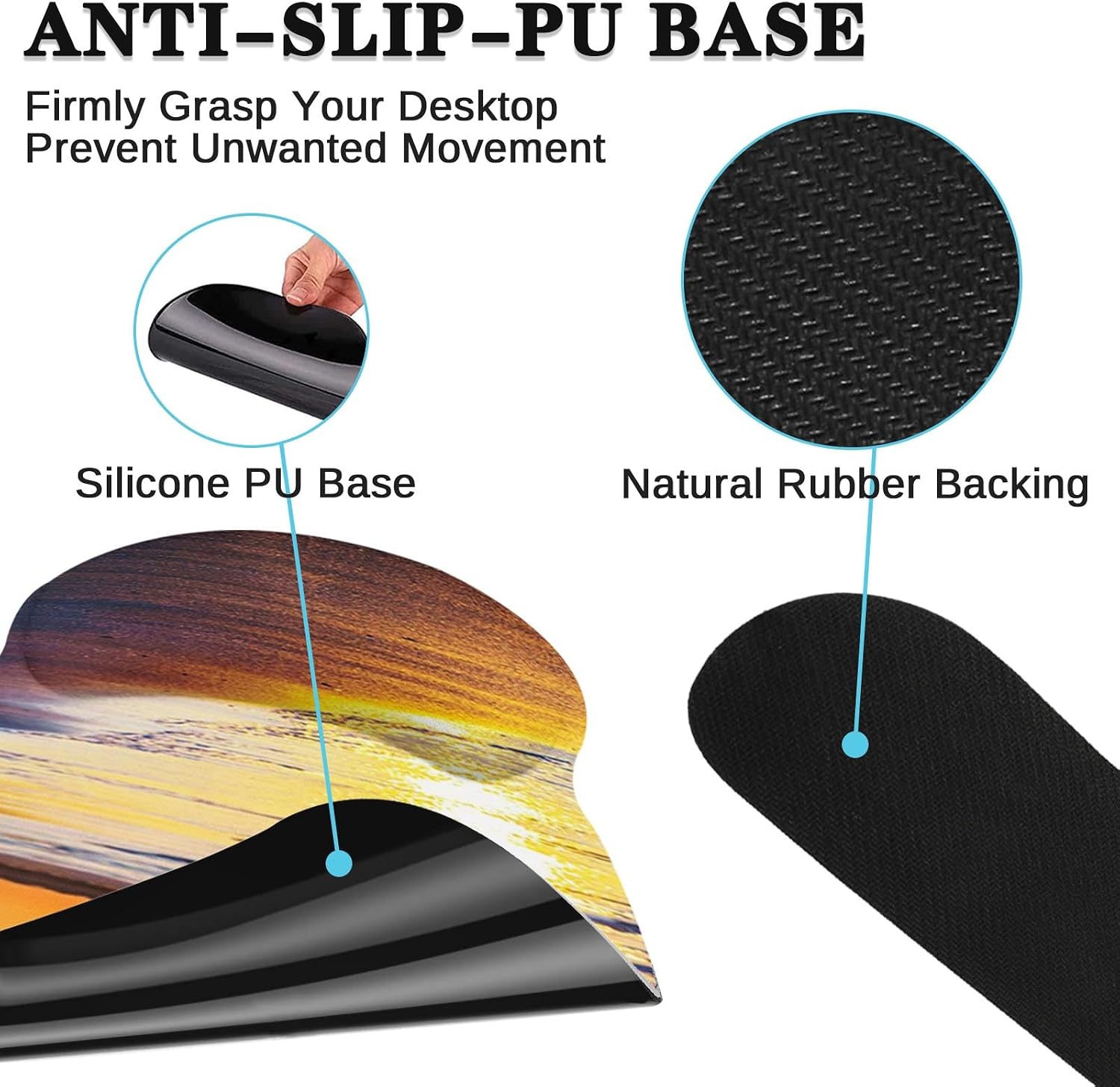 Arttown Sunset Sea Sun Desk Mat, Ocean Beach Blue Mouse Pad Set with Wrist Support, 4-in-1 Large Mousepad+Keyboard Wrist Rest+Mouse Wrist Rest+Coaster with Ergonomic Design, Non-Slip Office Mat
