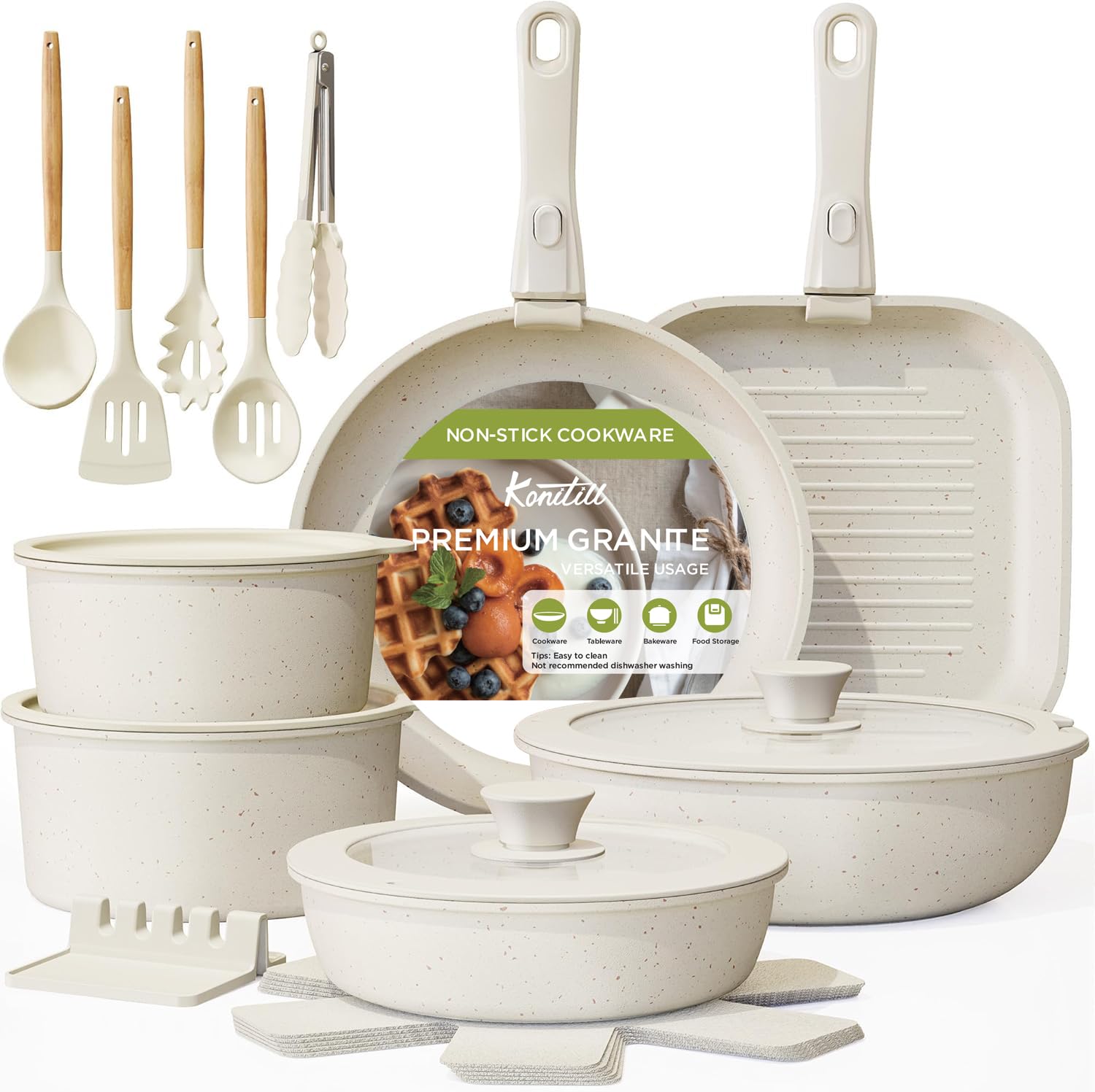 Juego de ollas y sartenes antiadherentes, Juego de 23 Ollas, Sarten Batería de Cocina, Juego de Sartenes con Mango Desmontable, Batería de Cocina Apto para Lavaplatos Y Horno (Blanco cálido)