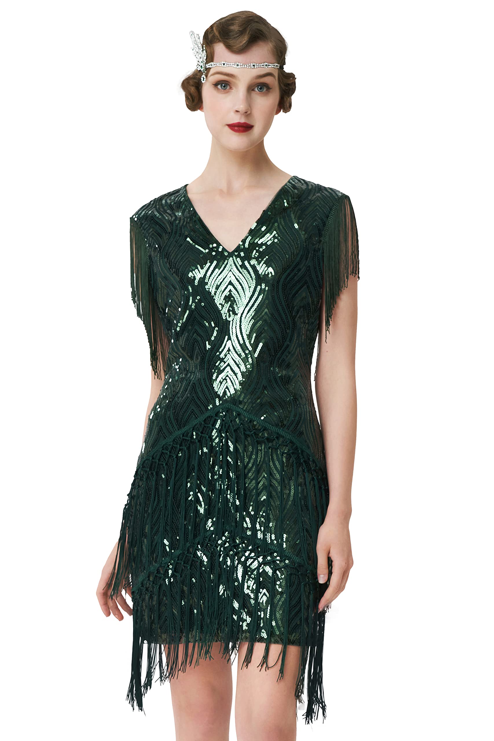 BABEYOND 1920s Flapper Dress Long Fringed Gatsby Dress Roaring 20s Sequins Beaded Dress Vintage Art Deco Dress