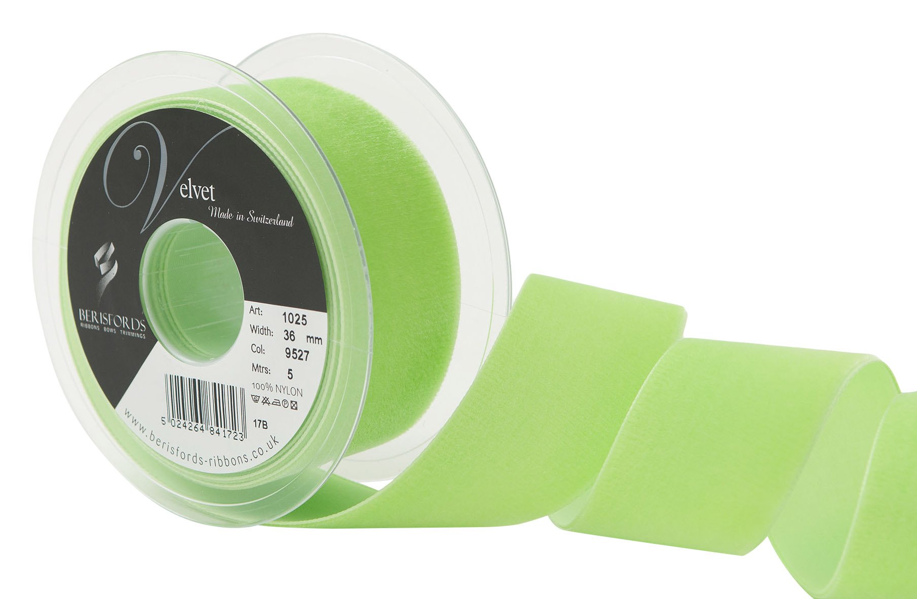 Berisfords Velvet Ribbon Apple Green 45mm - Nylon Craft Ribbon for Sewing, Gift Wrapping and Hair Accessories — image 1