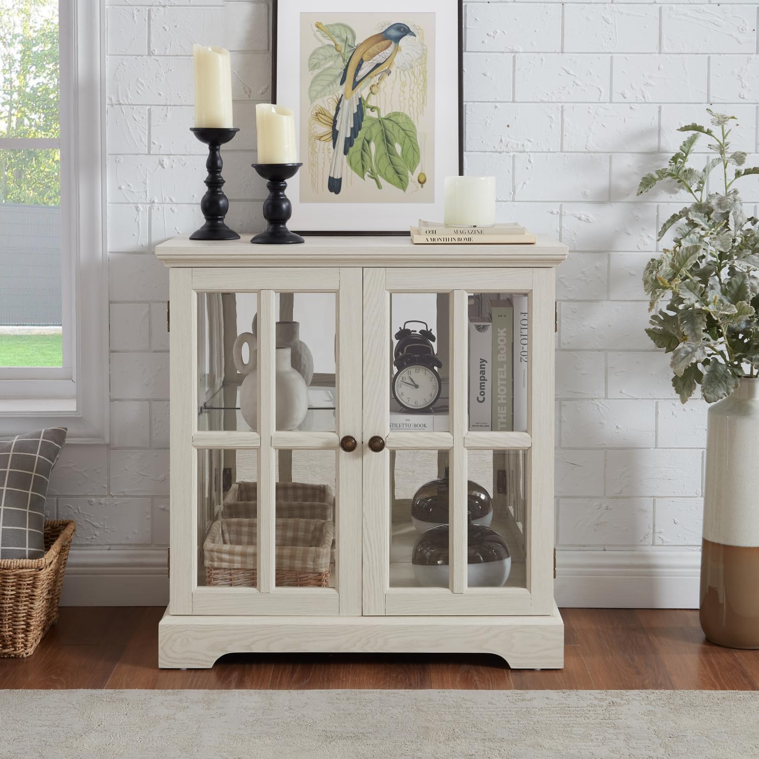 Led Curio Display Cabinet - White MDF+Glass - Adjustable Shelves - Retro Design Elegant Bookcase with Led Lighting - Home Decor