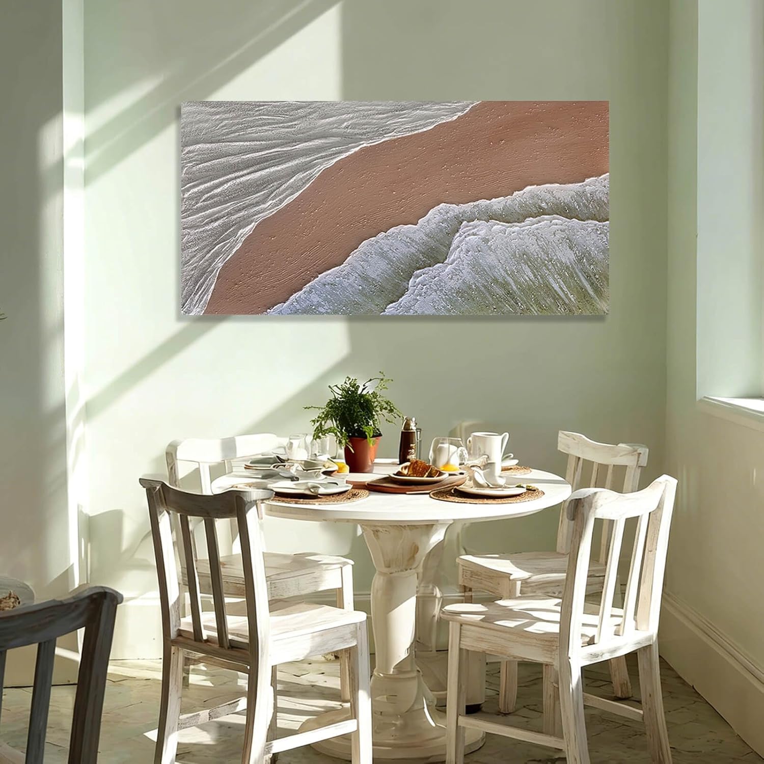White Ocean Wave Wall Art Decor Neutral Art Beach Canvas Painting Green Pictures Wall Decor Framed Artwork for Living Room Home Office 24"x 48"