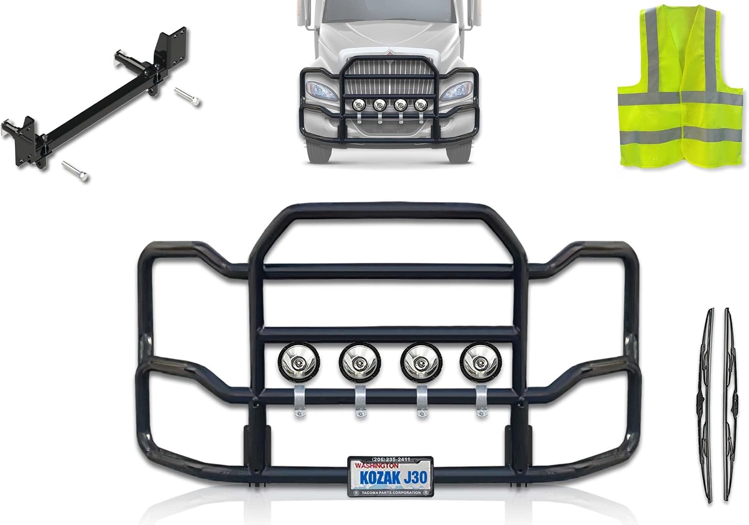 Black Front Grille Deer Moose Brush Bumper Guard Large Compatible with International Prostar (plastic bumper) 2008+ Plus Bracket, Logo, 4X 6” LED Lights, Wipers, License Plate Holder and Frame, Vest