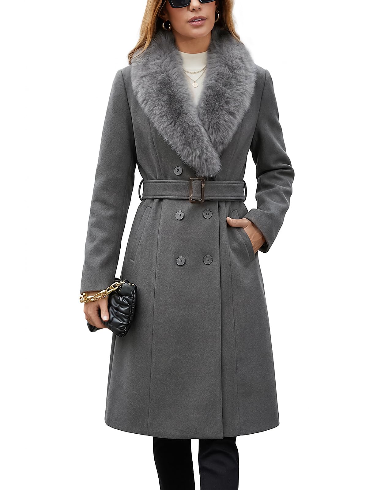 Vancavoo Damen Mantel Lang Wintermantel Elegant Winterjacke mit Gürtel | Zweireihiger Longcoat mit Knöpfen, Abnehmbarem Kunstfellkragen,Dinner und Alltag Winter