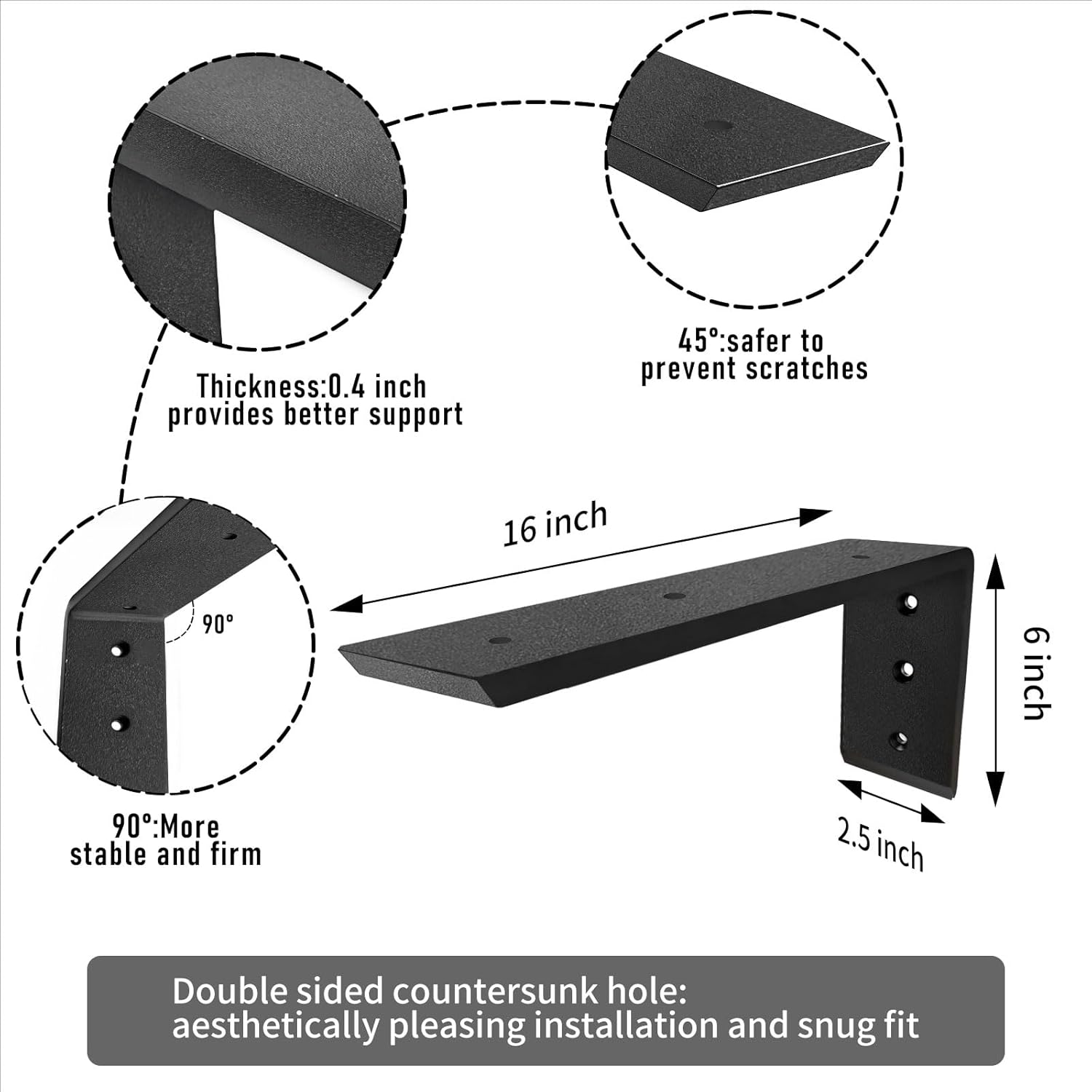 Granite Countertop Support Brackets Heavy Duty L Bracket 16 Inch 0.4 Inch Thick Wall Mounted Support Hidden Brackets 16"x6"x2.5" for Quartz/Granite/Wood/Concrete/Laminate Countertops (2pack)