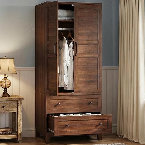 IDEALHOUSE Armoire Wardrobe Closet with 2 Drawers, 72" Tall Wooden Clothing Wardrobe with Hanging Rod & DIY Adjustable Shelf, Heavy Duty Bedroom Armoire Storage Cabinet with Doors, Walnut