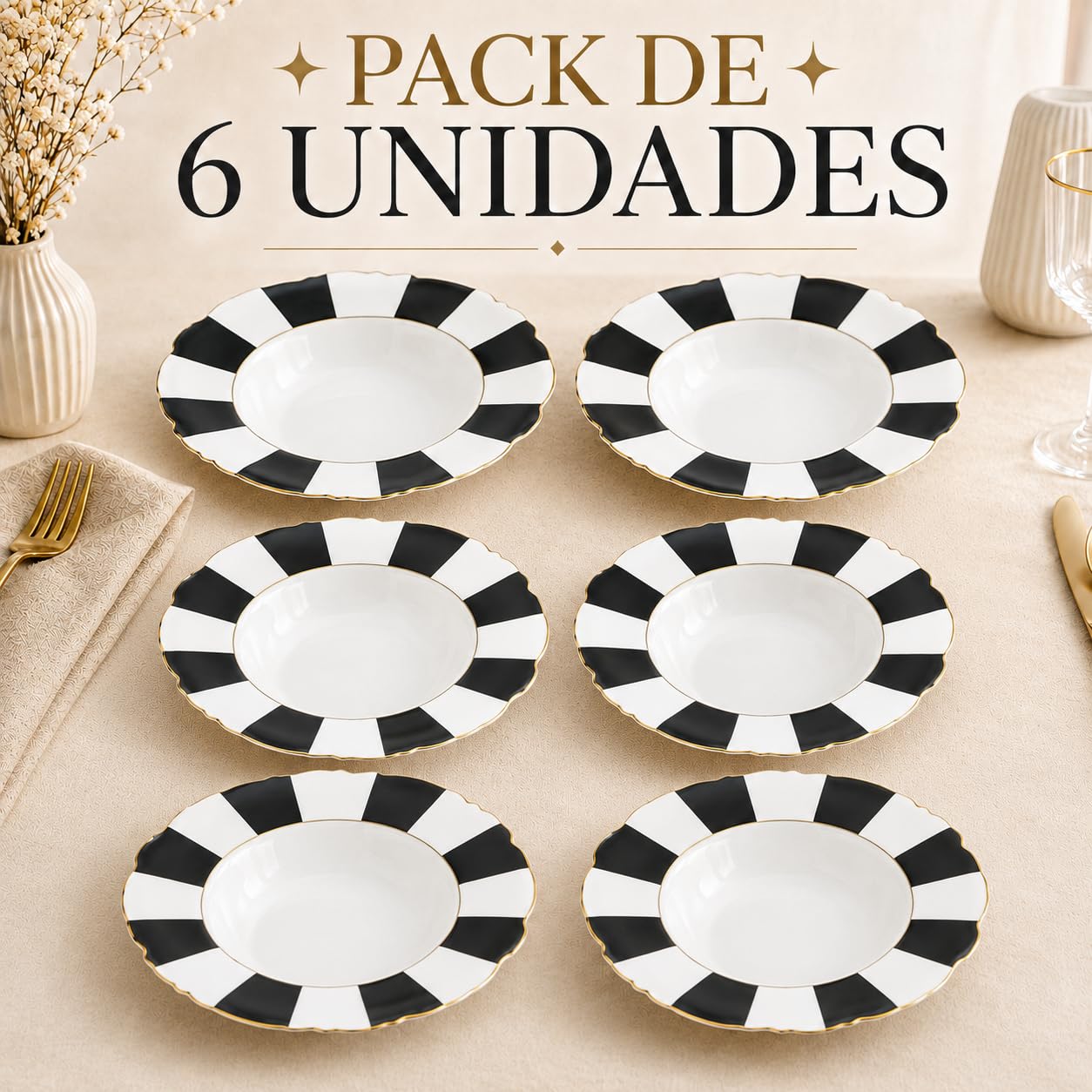 TIENDA EURASIA – Colección de Vajilla y Accesorios de Mesa | Piezas de Servicio y Menaje para Comedor | Cerámica y Acero Inoxidable | Diferentes Modelos y Tamaños (Rayas, Plato Sopero)
