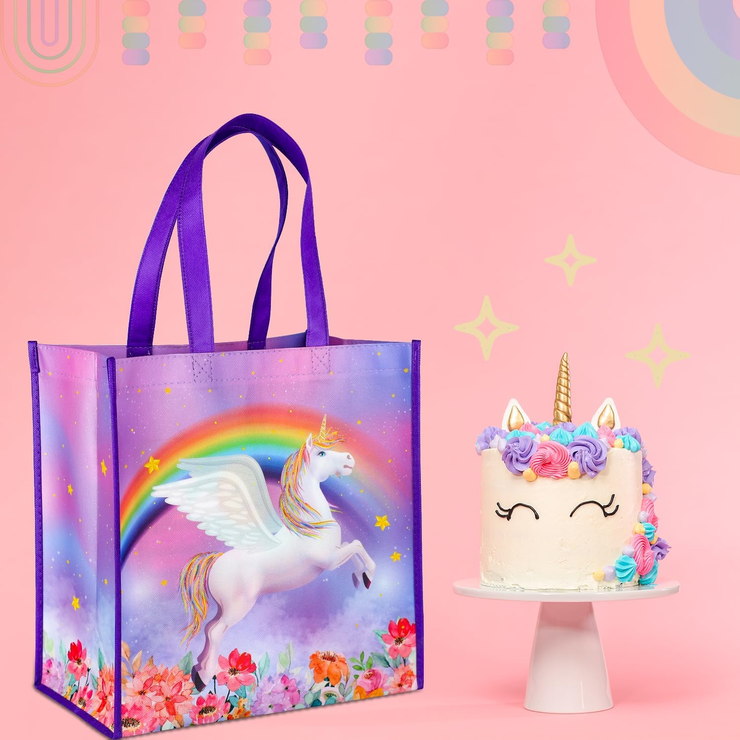 BLEWINDZ 3Pcs Large Reusable Gift Bags with Tissues – Rainbow Kids Girls Gift Bags with Handles for Birthday Party Favors, Baby Showers, Shopping (13" x 7" x 13.2")