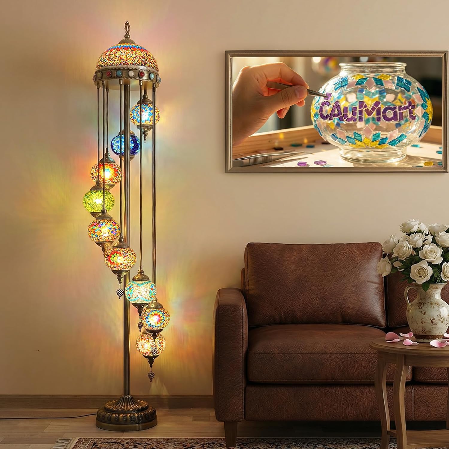Turkish Mosaic Floor Lamp,Moroccan Lamp 9 Globe Floor Lamp with Enhanced Lampshade, 77in, Color Mix, for Luxurious Home Settings