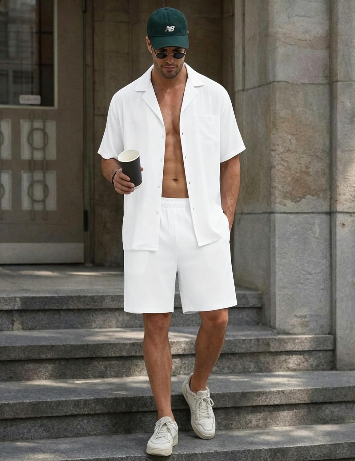 SWOMOG Mens Summer Short Sets Hawaiian 2 Piece Beach Shirts Modal Button Down with Pockets & Drawstring M-3XL